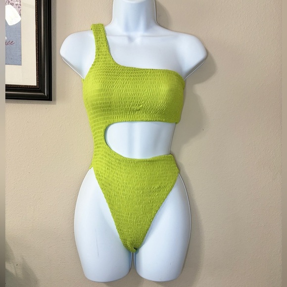Naked Wardrobe Lime One Shoulder Cutout One Piece Bathing Suit Swimsuit Size S - Picture 1 of 8